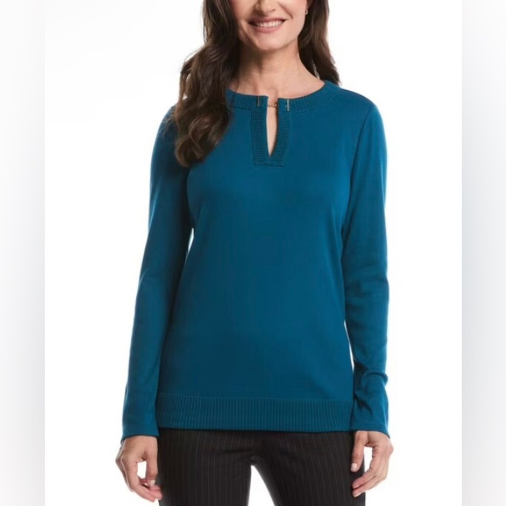 NWT Rafaella Women’s Teal Ribbed Notch-Neck Sweater Size M
